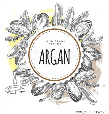 Black and white illustration of round frame with argan leaves and fruits. Black and white illustration of round frame with argan leaves and fruits. 122452476