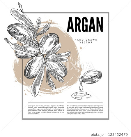 Black and white poster illustration with argan branch and oil, in a rectangular frame. Black and white poster illustration with argan branch and oil, in a rectangular frame. 122452479