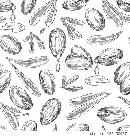 Vector seamless illustration with monochrome sketch of argan fruits, leaves and oil. Vector seamless illustration with monochrome sketch of argan fruits, leaves and oil. 122452487