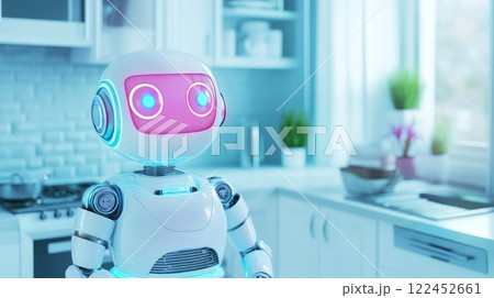 A robot helper assists with cleaning and cooking in a cozy, well-lit kitchen, AI companionship concept 122452661
