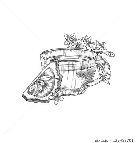 Vector monochrome sketch of mug with tea, piece and branch with bergamot flowers and leaves. 122452701