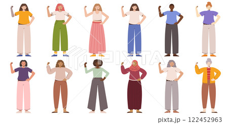 Illustration of Diverse Women in Empowering Poses Representing Strength, Confidence, and Solidarity. 122452963