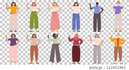 Illustration of Diverse Women in Empowering Poses Representing Strength, Confidence, and Solidarity. 122452963