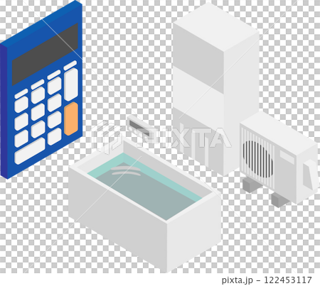 Isometric image of a calculator, water heater and bath 122453117
