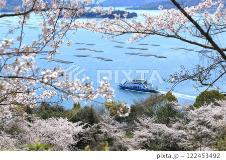 桜に囲まれる 大崎上島へ向かうフェリー 122453492