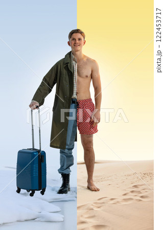 Traveler between seasons. Man standing half-dressed for winter, half for summer with suitcase, extreme climate contrast. Traveler between seasons. Man standing half-dressed for winter, half for summer with suitcase, extreme climate contrast. 122453717