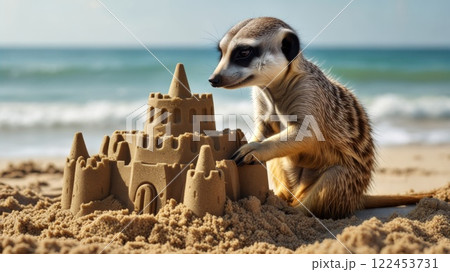 Meerkat building sandcastle on a sunny beach 122453731
