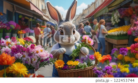 Funny bunny selling colorful flowers at outdoor market Funny bunny selling colorful flowers at outdoor market 122453744
