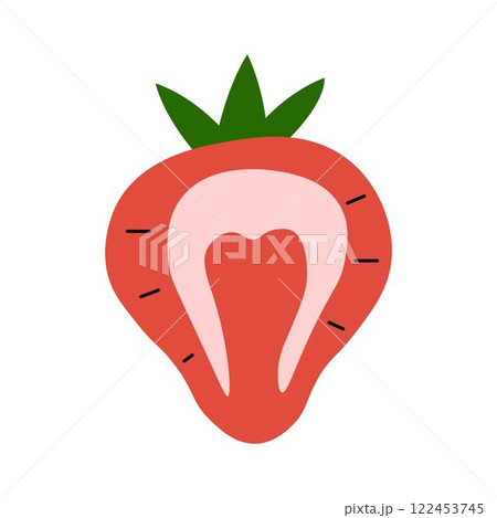 Minimalistic illustration of a halved strawberry with green leaves, pink core, and lines Minimalistic illustration of a halved strawberry with green leaves, pink core, and lines 122453745