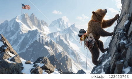 Determined bear climbing snowy mountain with american flag on peak 122453748