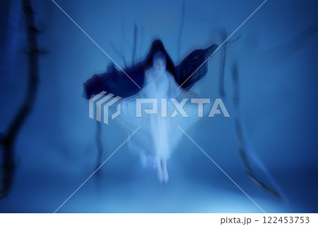 Haunting duet of ghostly ballerinas, stretching through time and space. Their spectral veils flow in perfect unison, lost in eternity. Lightness and darkness. Haunting duet of ghostly ballerinas, stretching through time and space. Their spectral veils flow in perfect unison, lost in eternity. Lightness and darkness. 122453753