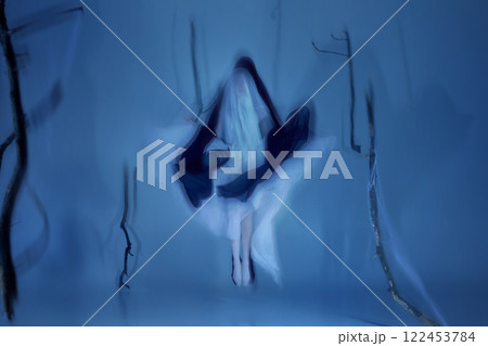 Floating between light and shadow. Two graceful ballerinas in light and dark veil moving in endless waltz. Supernatural elegance. Floating between light and shadow. Two graceful ballerinas in light and dark veil moving in endless waltz. Supernatural elegance. 122453784