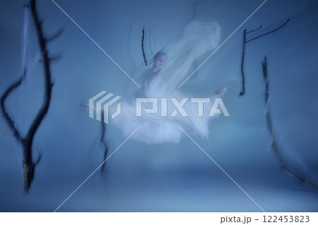 Ghostly dancer in surreal ballet performance, flowing in mid air against foggy background. Her veil floats in supernatural motion 122453823