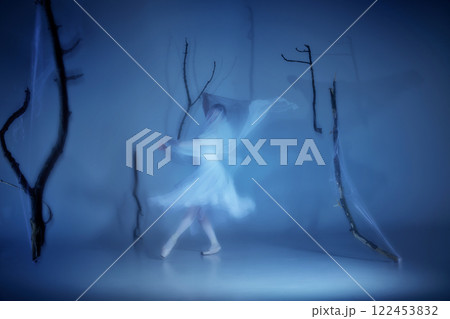 Graceful ballerina, moving like whisper through mist with spectral veil trails behind, caught in endless dance. 122453832