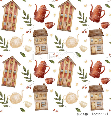 Watercolor Seamless pattern houses, teapot, cup, leaves. Illustration on a white background. Holiday print for textiles, fabrics, packaging, clothes, printing, cards Watercolor Seamless pattern houses, teapot, cup, leaves. Illustration on a white background. Holiday print for textiles, fabrics, packaging, clothes, printing, cards 122453871