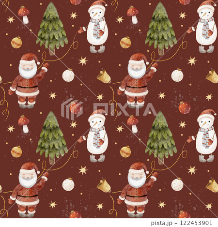 Watercolor Seamless pattern Santa, snowman, Christmas tree. Illustration splashes on burgundy background. New Year print for textiles, fabrics, packaging, clothes, printing, cards Watercolor Seamless pattern Santa, snowman, Christmas tree. Illustration splashes on burgundy background. New Year print for textiles, fabrics, packaging, clothes, printing, cards 122453901