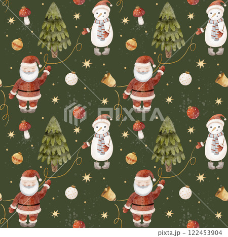 Watercolor Seamless pattern Santa, snowman, Christmas tree. Illustration splashes on dark background. New Year print for textiles, fabrics, packaging, clothes, printing, cards 122453904