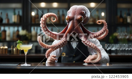Octopus bartender preparing cocktail in stylish bar 122453905