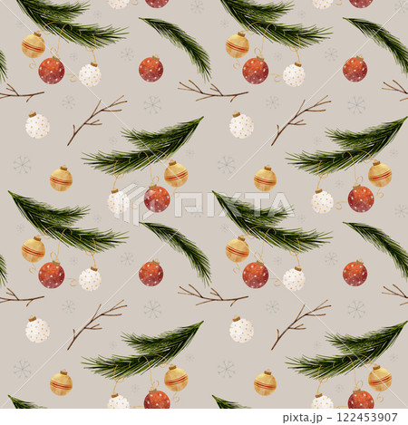 Watercolor pattern Christmas tree branch with New Year balls. holiday illustration on mocha, beige background. Seamless print for textiles, fabrics, packaging, clothes, printing, cards 122453907