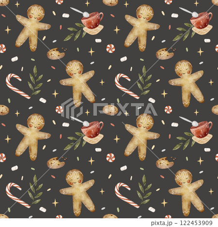 Watercolor pattern gingerbread man, candies, lollipops, oatmeal cookies. Illustration in children's New Year style. Christmas print on dark gray background for textiles, fabrics, packaging, clothes, 122453909