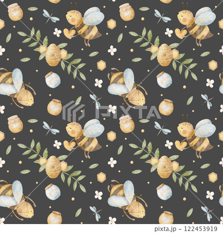 Watercolor pattern of bee with honey jar, flying around hive and honeycomb. Hand drawn illustrations. Seamless print on dark background for textile, fabric, packaging, clothes, paper, wallpaper Watercolor pattern of bee with honey jar, flying around hive and honeycomb. Hand drawn illustrations. Seamless print on dark background for textile, fabric, packaging, clothes, paper, wallpaper 122453919