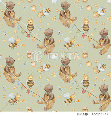 Watercolor seamless baby pattern bear bees garland honey jar. Hand drawn illustration in cartoon style. Endless print on green pastel background for fabric, textile, baby clothes, wallpaper nursery 122453935