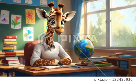 Giraffe teacher smiling in classroom with books and globe Giraffe teacher smiling in classroom with books and globe 122453936