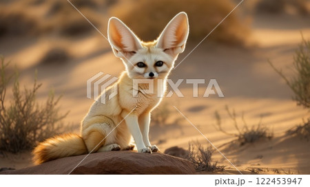 Fennec fox sitting on rock in desert landscape at sunset Fennec fox sitting on rock in desert landscape at sunset 122453947
