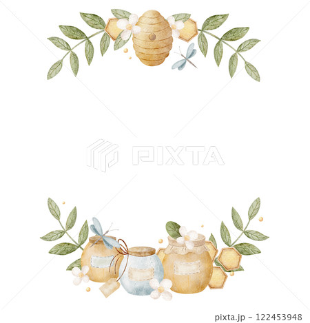 Watercolor frame of honey jars in leaves and flowers with hives on branches. Illustration in children's style for invitation cards template, posters for birthday, holiday Watercolor frame of honey jars in leaves and flowers with hives on branches. Illustration in children's style for invitation cards template, posters for birthday, holiday 122453948