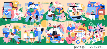 Workshops that promote creativity and learning among diverse groups. Engaging activities include painting, cooking, discussions, and online interactions. They foster skills, collaboration, and 122453960