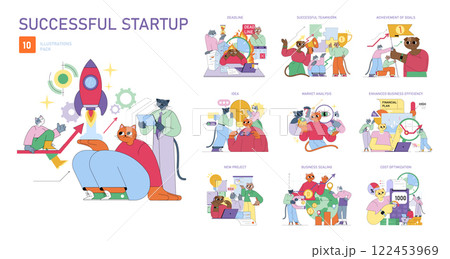 Successful Startup Pack. Illustrates key concepts of launching and managing a startup through teamwork and planning. Features ideas like market analysis, achieving goals, and business efficiency 122453969