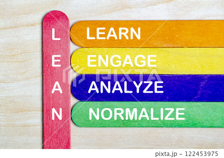 LEAN represent Lean, Engage, Analyze and Normalize text on colorful wooden sticks 122453975