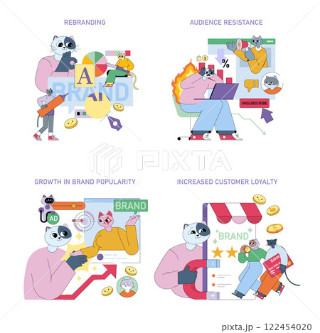 Branding illustration set. Exploring key elements of rebranding and audience engagement. Highlighting the journey from audience resistance to brand loyalty and growth in popularity. Vector 122454020