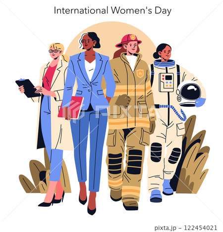 International Women's Day celebration. A diverse group of women representing various fields including science, business, firefighting, and space exploration. The illustration inspires empowerment and 122454021