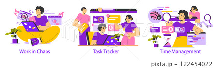 Time management illustration featuring characters managing tasks amid chaos. Visual elements include calendars, task trackers, and productivity icons. Focus on organization and efficiency in workflow 122454022