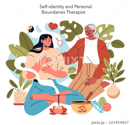 Psychotherapist concept. An intimate counseling session exploring self-identity with a nurturing therapist. Emotional healing in a serene setting. Vector illustration. Psychotherapist concept. An intimate counseling session exploring self-identity with a nurturing therapist. Emotional healing in a serene setting. Vector illustration. 122454027