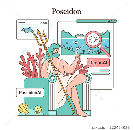 Olympic Gods Synergy AI concept. Poseidon merges with modern technology, analyzing the ocean's health. Marine life conservation through artificial intelligence. Vector illustration. 122454028