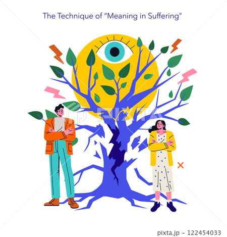 Logotherapy concept illustration. The illustration explores the technique of finding meaning in suffering through a symbolic tree representing growth amid adversity. It highlights the inner journey of 122454033