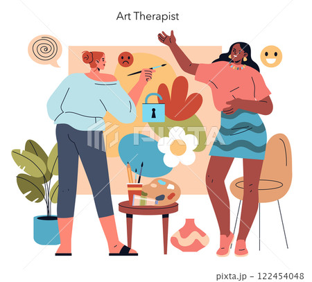 Art therapist illustration. A professional guiding a client in a creative, therapeutic activity. Expressive painting session for emotional well-being. Vector illustration. Art therapist illustration. A professional guiding a client in a creative, therapeutic activity. Expressive painting session for emotional well-being. Vector illustration. 122454048