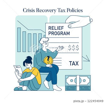 Tax relief concept. Citizens benefit from government support programs during economic downturns. Financial aid, policy measures, economic recovery. Vector illustration. 122454049
