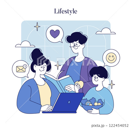 Lifestyle concept. Family engaging in daily activities that represent modern living. Focus on wellness, communication, and quality time. Showcasing reading, cooking, and emotional connection. Vector Lifestyle concept. Family engaging in daily activities that represent modern living. Focus on wellness, communication, and quality time. Showcasing reading, cooking, and emotional connection. Vector 122454052
