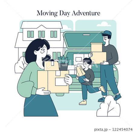 Moving Day Adventure concept. Family loads their belongings into a car outside their home, starting a new chapter. Relocation and family bonding. Vector illustration. Moving Day Adventure concept. Family loads their belongings into a car outside their home, starting a new chapter. Relocation and family bonding. Vector illustration. 122454074