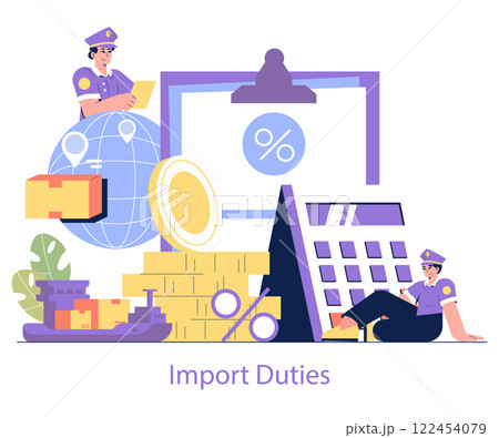 Customs Tariffs concept. International trade and import duties visualization featuring officers, calculator, and cargo ship. Global economy regulation. Vector illustration. Customs Tariffs concept. International trade and import duties visualization featuring officers, calculator, and cargo ship. Global economy regulation. Vector illustration. 122454079