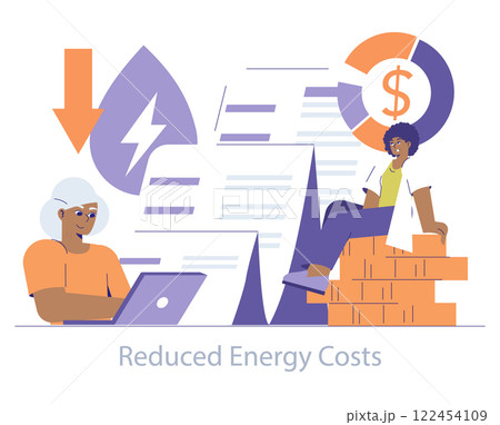 Hydropower concept. Illustration of efficient energy use leading to lower utility expenses with happy individuals. Vector illustration. 122454109