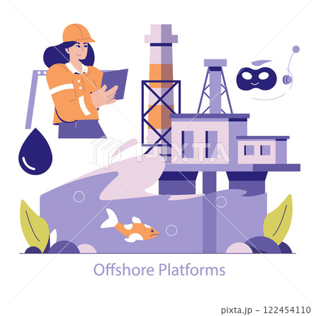 Oil and Gas Energy concept. An engineer monitoring offshore drilling operations. Ocean platform extraction with marine life. Vector illustration. 122454110