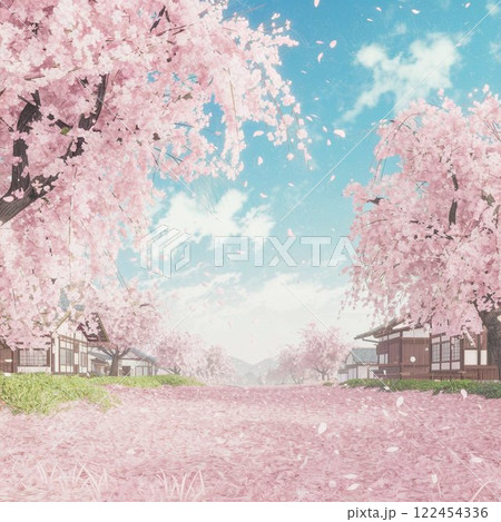 満開の桜並木と花びら 122454336