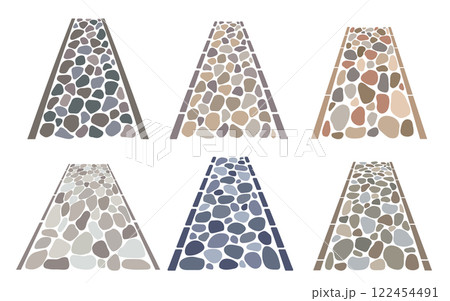 Cobblestone garden roads set, irregular stone texture. Vector sidewalk, old garden gravel path isolated on white background 122454491