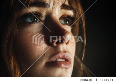 不安な表情の女性の横顔 122454514