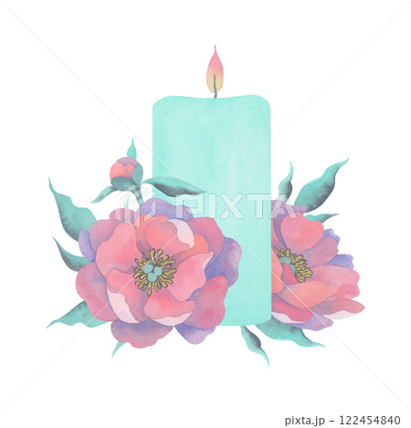 Composition with turquoise candle and delicate peonies. Hand-painted watercolor illustration. Perfect for home decor or gift packaging 122454840