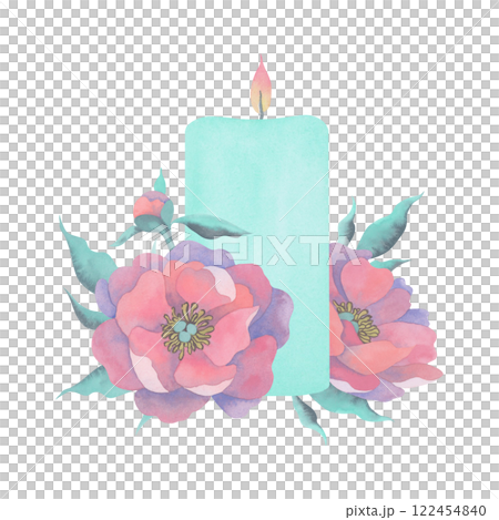 Composition with turquoise candle and delicate peonies. Hand-painted watercolor illustration. Perfect for home decor or gift packaging 122454840